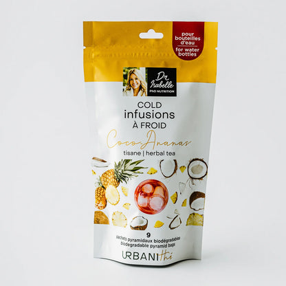 Emballage Infusion à Froid Coco-Ananas Urbanithé x Dr Isabelle Huot — 9 sachets pyramidaux biodégradables pour bouteilles d’eau