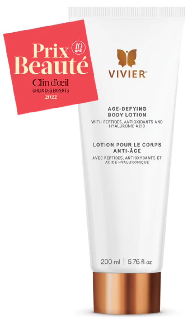 Lotion pour le corps anti-âge Vivier, vue détaillée du tube de 200 ml aux peptides et antioxydants — Spa Santé Le Nénuphar