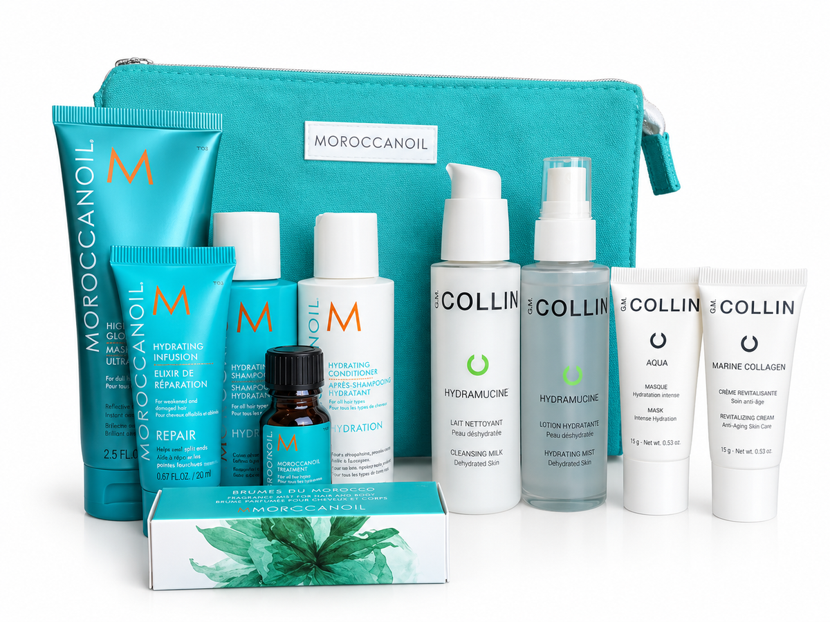 Coffret Moroccanoil avec shampoing, revitalisant, traitement capillaire, masque et soins G.M. COLLIN présenté sur fond blanc.