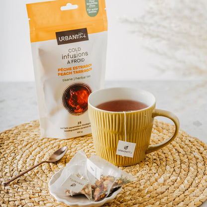 Emballage Pêche Estragon Urbanithé Cold Infusions À Froid 9 sachets 40g, fond blanc