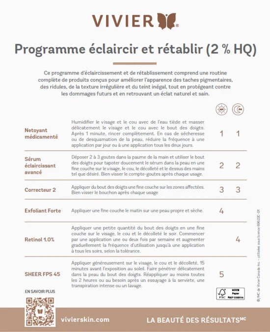 Programme éclaircir et rétablir 2 % HQ Vivier, coffret dépigmentant complet sur fond blanc — Spa Santé Le Nénuphar