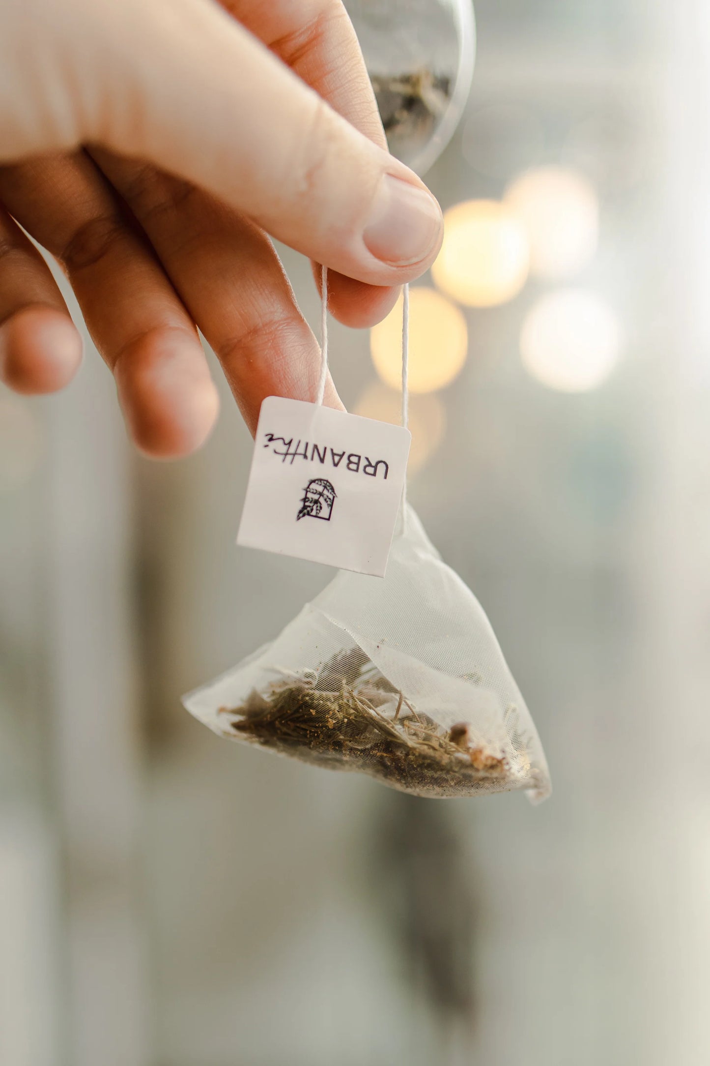 Main tenant un sachet pyramidal biodégradable Urbanithé Detox — herbes dépuratives visibles à travers le filet