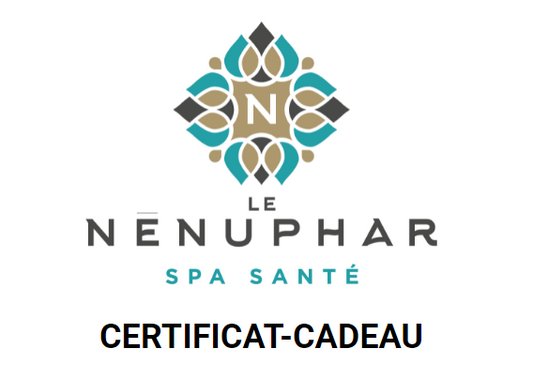 Certificat-cadeau du Spa Santé Le Nénuphar : logo Le Nénuphar Spa Santé en forme de fleur, avec la mention « Certificat-cadeau » en dessous.